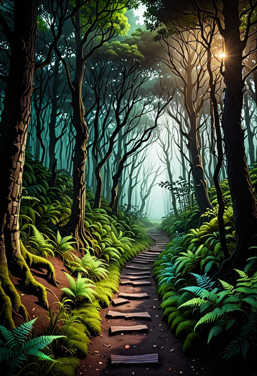 picture of small path in the dark tall tree  forest leading to distant holy and magical forest