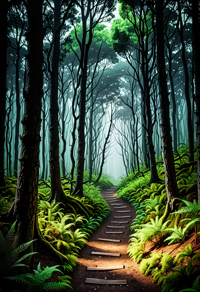 picture of small path in the dark tall tree  forest leading to distant holy and magical forest