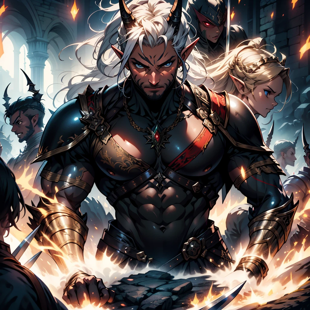 Army of demons holding Swords and Spears preparing for battle hyper realistic super detailed faces hyper realistic super detailed Armors hyper realistic super detailed Dynamic shot correct Anatomy poses, elves, black armors and masks
