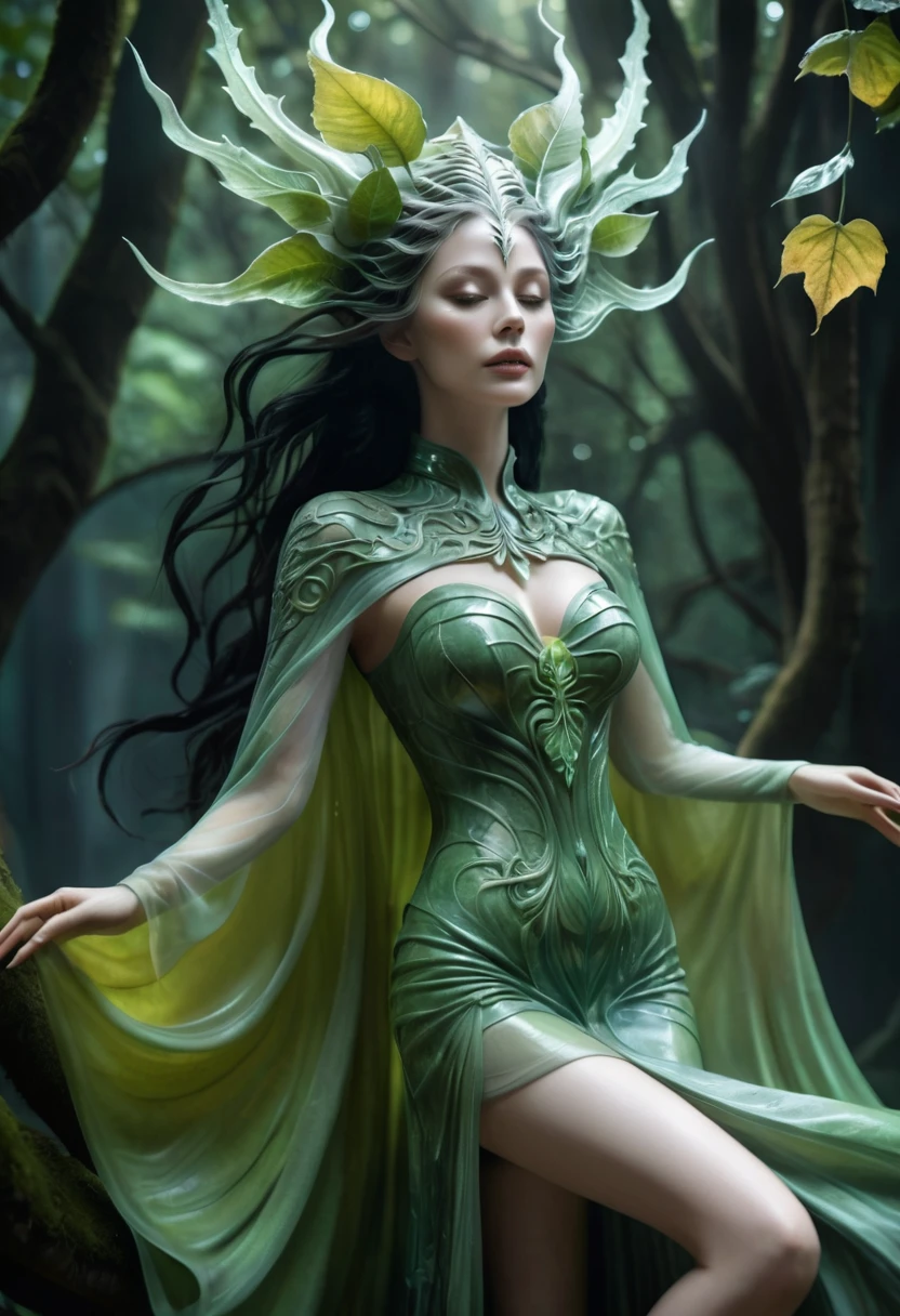 a wood goddess, pale green skin, floating around in ghostly intricate flowing leafy cape, Hans Ruedi Giger style, fantasy, art nouveau, tarot card style, (best quality,4k,8k,highres,masterpiece:1.2),ultra-detailed,(realistic,photorealistic,photo-realistic:1.37),HDR,UHD,studio lighting,ultra-fine painting,sharp focus,physically-based rendering,extreme detail description,professional,vivid colors,bokeh