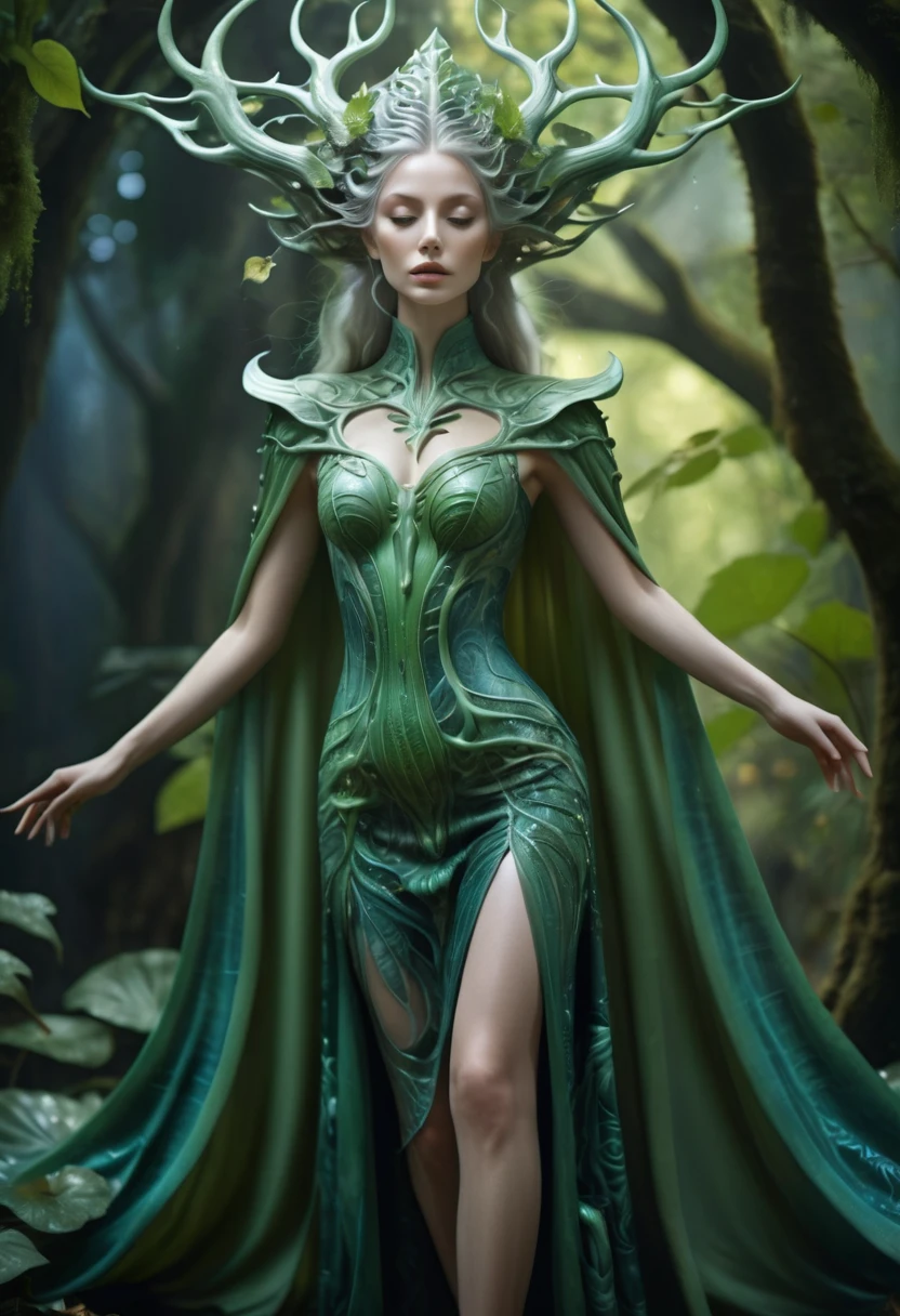 a wood goddess, pale green skin, floating around in ghostly intricate flowing leafy cape, Hans Ruedi Giger style, fantasy, art nouveau, tarot card style, (best quality,4k,8k,highres,masterpiece:1.2),ultra-detailed,(realistic,photorealistic,photo-realistic:1.37),HDR,UHD,studio lighting,ultra-fine painting,sharp focus,physically-based rendering,extreme detail description,professional,vivid colors,bokeh