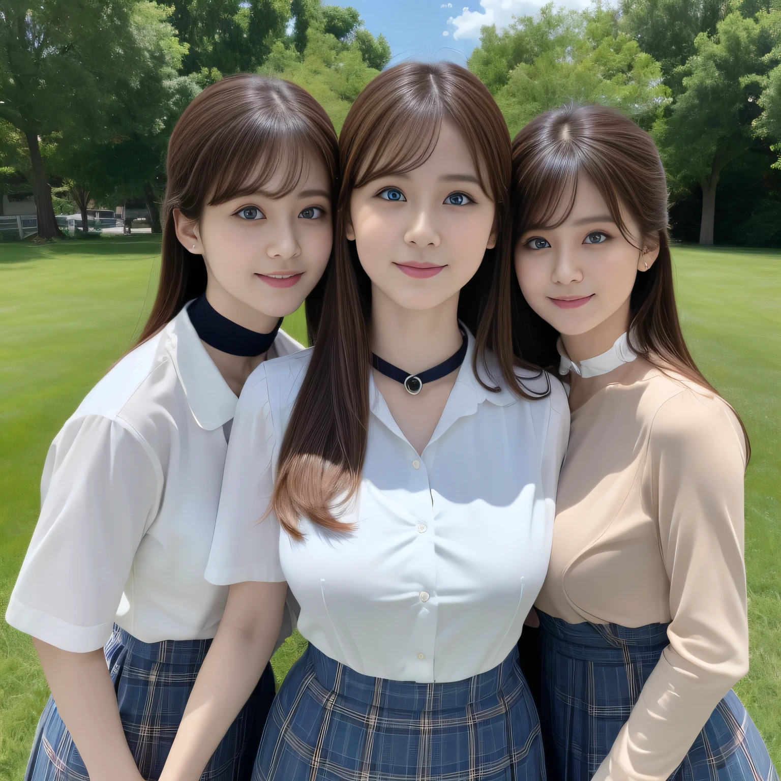 ((Highest quality, 8K, Representative works in detail, Ultra-high resolution)), (Group photo), (Looking at the audience), (Mid Shot:), Attractive schoolgirls 5-people, 5-people, Big Breasts, White collared shirt, Checkered mini skirt, smile, Academy, ((Black Choker)), Slim figure, ((Big Breasts)), blue eyes, Long eyelashes, bangs,Long Straight Hair,Light brown hair,Slim face,Dependents,(uniform,All in the same clothes), blue sky, Grass, squirt