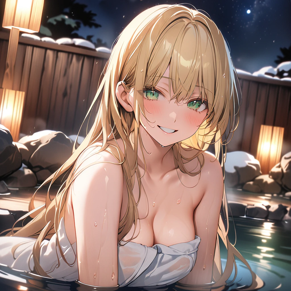 (((midnight,onsen ,sitting in onsen water))),(((naked towel,wet))),(((happy))),(((waving at viewer))),(((masterpiece))),(((best quality))),((official art )),((high resolution)),(((wallpaper 8k CG))),girl,blonde hair, very long hair, straight hair, green eyes, medium breasts,