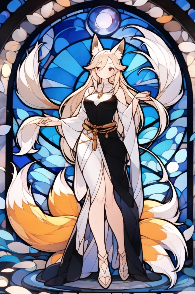 1girl ,solo,white hair,long hair,fox ears,fox tails,\(boli\),goddess,full body,