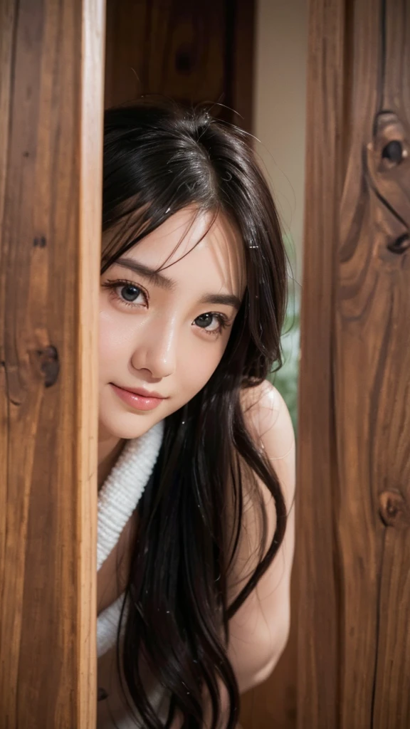 beautiful detailed eyes, no eye's make up, no lips, beautiful detailed lips, extremely detailed eyes and face, 1 girl, looking at viewer, shy smile, wrap the towel, soaked, soaked hair, indoors, black eyes, small breasts, wet hair, no makeup, bashful, brake, full-body horizontal photo, face facing the viewer, looking at the viewer with a shy smile, Canon EOS, clear facial features, 16K, high resolution, sharp and realistic details, super high resolution, highest quality