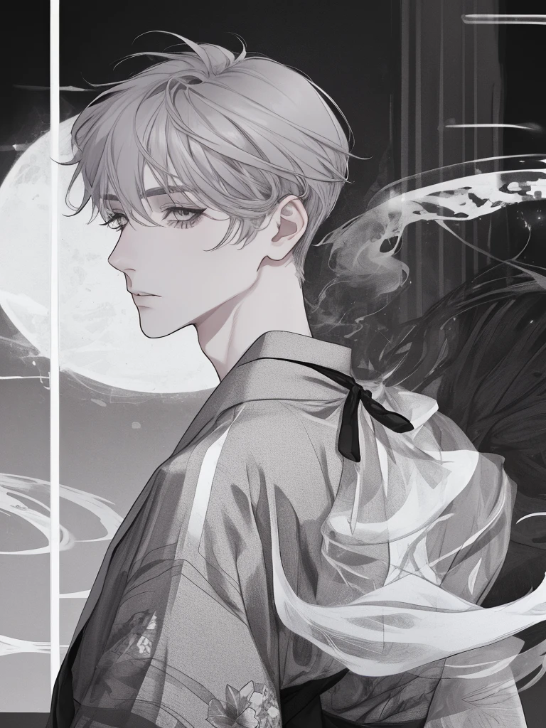 male,High nose,Thin eyebrows,ephemeral,lonely,From the back,look back,Long eyelashes,Gray Hair,yukata,tobacco