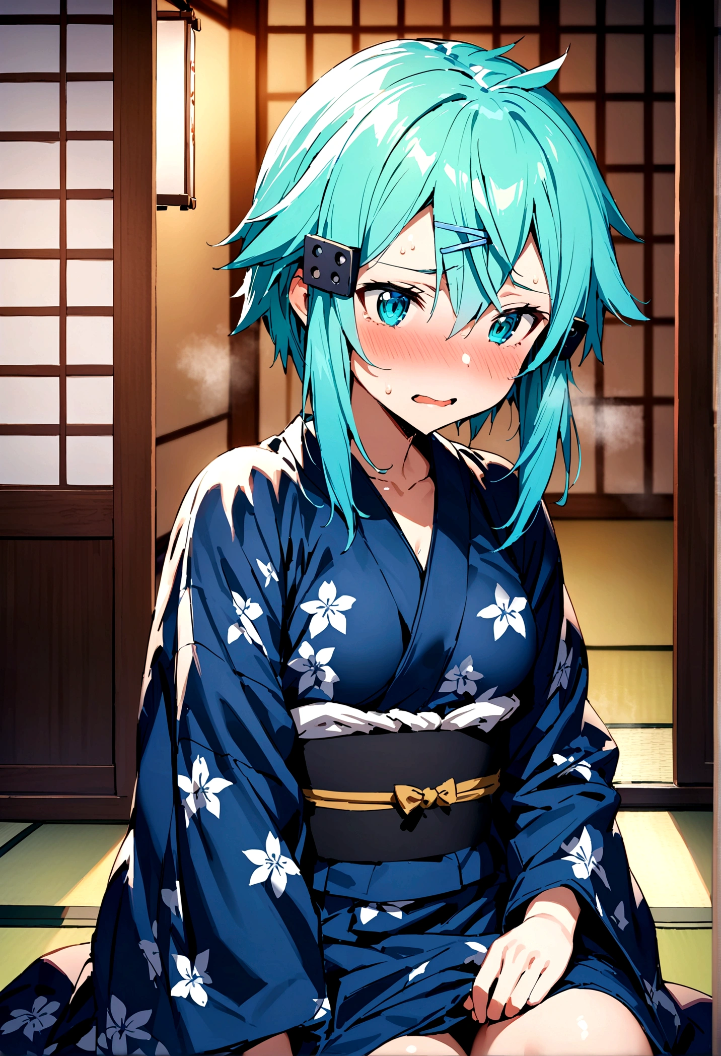 NSFW,masterpiece,Highest quality,High resolution,Super detailed,Sinon\(Sword Art Online\),yukata,hair ornaments, Hair Clip,Embarrassed,expectant face,nervous,blush,Inn at night,Shoji screen,tatami,futon,Girl sitting,Drunk