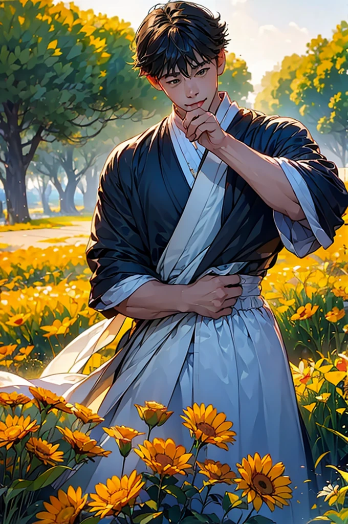 (in 8K、top-quality、​masterpiece:1.2)、1 boy、short-haired、Hair short、Brown-skinned、Yellow view、