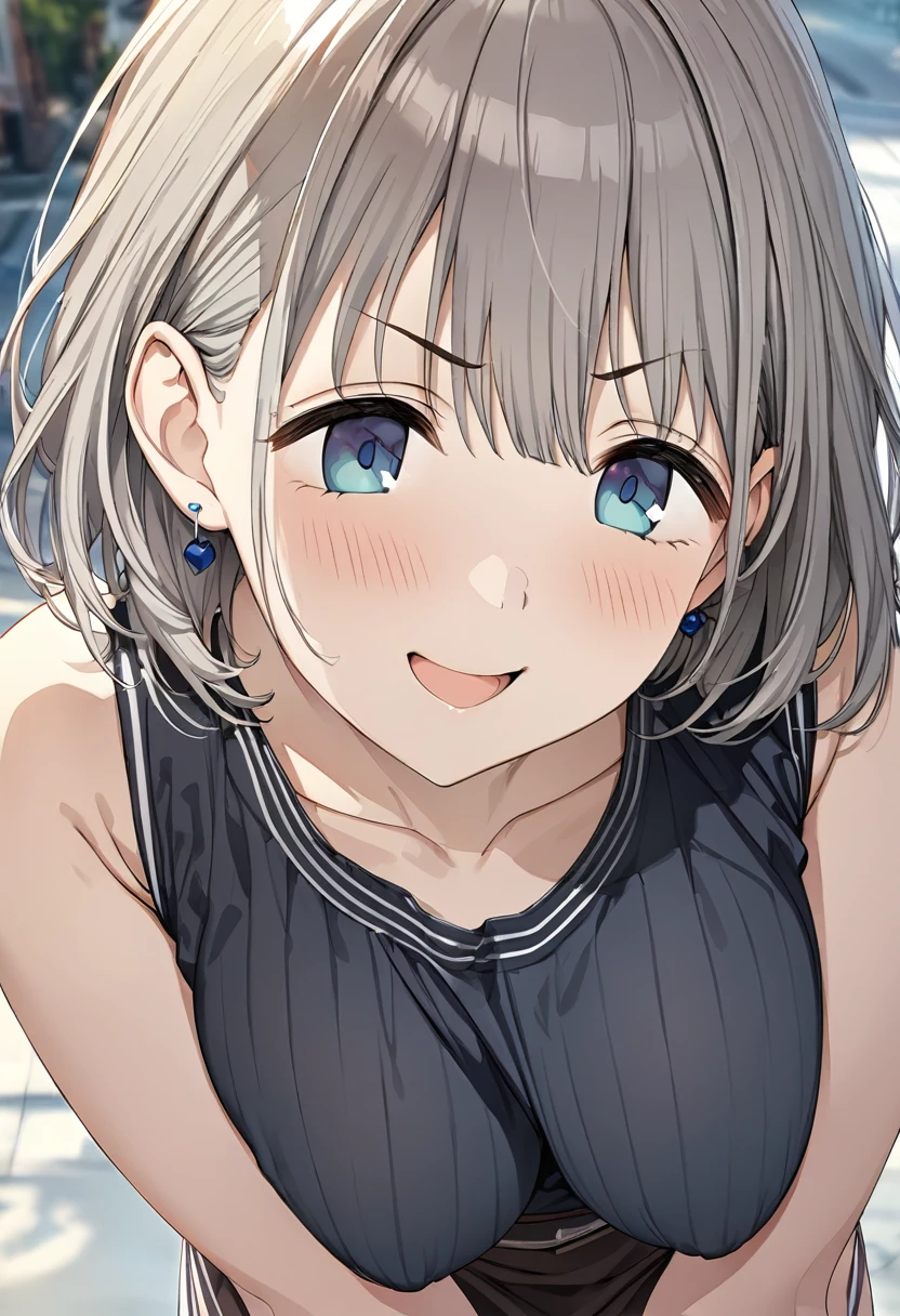 (masterpiece),(Highest quality),(Super detailed),(Best illustrations),(Best Shadow),(Absurd),(Detailed Background),(so beautiful), Asahi Serizawa, One girl, blue eyes, alone, Open your mouth, jewelry, short hair, Earrings, Blurred, Grey Hair, bangs,,(nsfw1.2), ((press breasts togethe)), leaning forward,Troubled eyebrows、Smiling mouth、blush