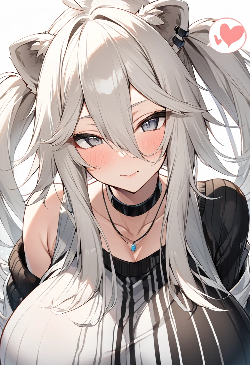 Shishirabotan、Black knitted clothes、Vertical sweater clothes、Black sweater、Huge breasts:1.5、sagging breast:1.5、1girl、portrait、spoken heart、face focus、straight hair、Twin tails、Slightly messy hair、White lion、