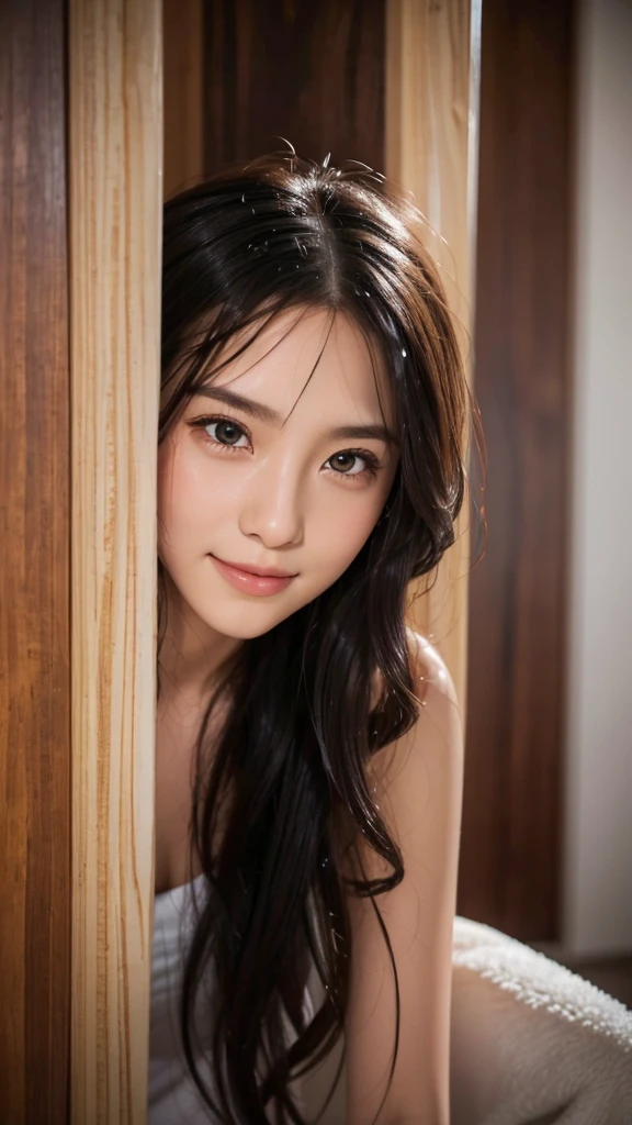 beautiful detailed eyes, no eye's make up, no lips, beautiful detailed lips, extremely detailed eyes and face, 1 girl, looking at viewer, shy smile, wrap the towel, soaked, soaked hair, indoors, black eyes, small breasts, wet hair, no makeup, bashful, brake, full-body horizontal photo, face facing the viewer, looking at the viewer with a shy smile, Canon EOS, clear facial features, 16K, high resolution, sharp and realistic details, super high resolution, highest quality