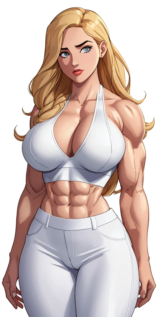 Masterpiece, highly detailed, high res, dynamic, A image of a woman in a white top and white pants, ((((Massive breasts)))), (muscular), ((((huge muscles)))) fanart da coelhinha lola, commission for high resolution, CO Commission, Gwen Stacy, corpo perfeitamente sombreado, Emma Geada, Retrato de Emma Frost, Deusa loira, desenhado no estilo de artgerm, em roupas brancas, corpo perfeito sombreado realista, Betty Cooper, It's not artgerm style, ((((Massive breasts)))), (muscular), ((((huge muscles))))