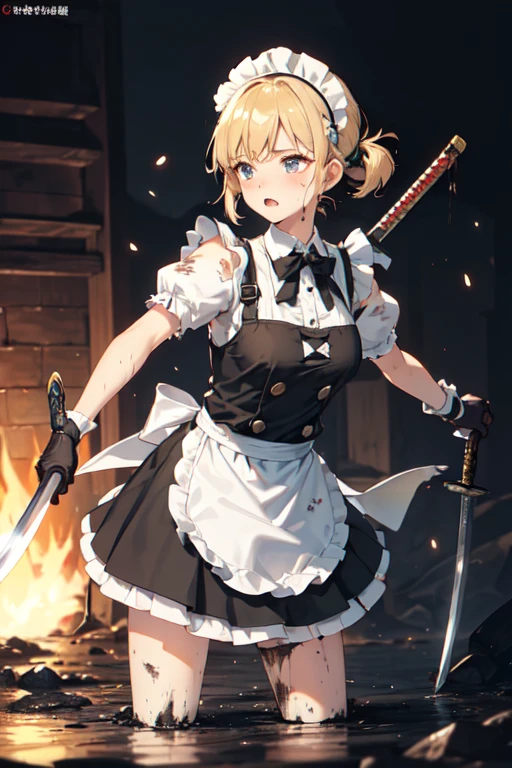 (((Highest quality))), ((masterpiece)), (((detailed))), (((Attention to detail))), One girl, cute, Blonde, Blue Eyes, Small breasts, ((Black maid outfit, White apron, Headband, The skirt is long)), (((A girl in a maid outfit is fighting with a large sword))), ((燃えているbattlefield1.4)), wasteland, fierce fighting, battlefield, Fierce Battle, 
Has a big sword, ((Western design sword)), Enemy, Tsuba competition, Slashing, ((duel)), (((The sword is held by a stick.))), ((Wielding a sword)), (((Soot and mud, 服やエプロンがdirty, dirty, 全身がdirty, Tattered, 1.6))), (((Soot and mud, メイド服がdirty, エプロンがdirty, 服がTattered, ))), ((Covered in soot, Covered in mud, Covered in charcoal, )), Great Khan, Tattered, Torn clothing, 