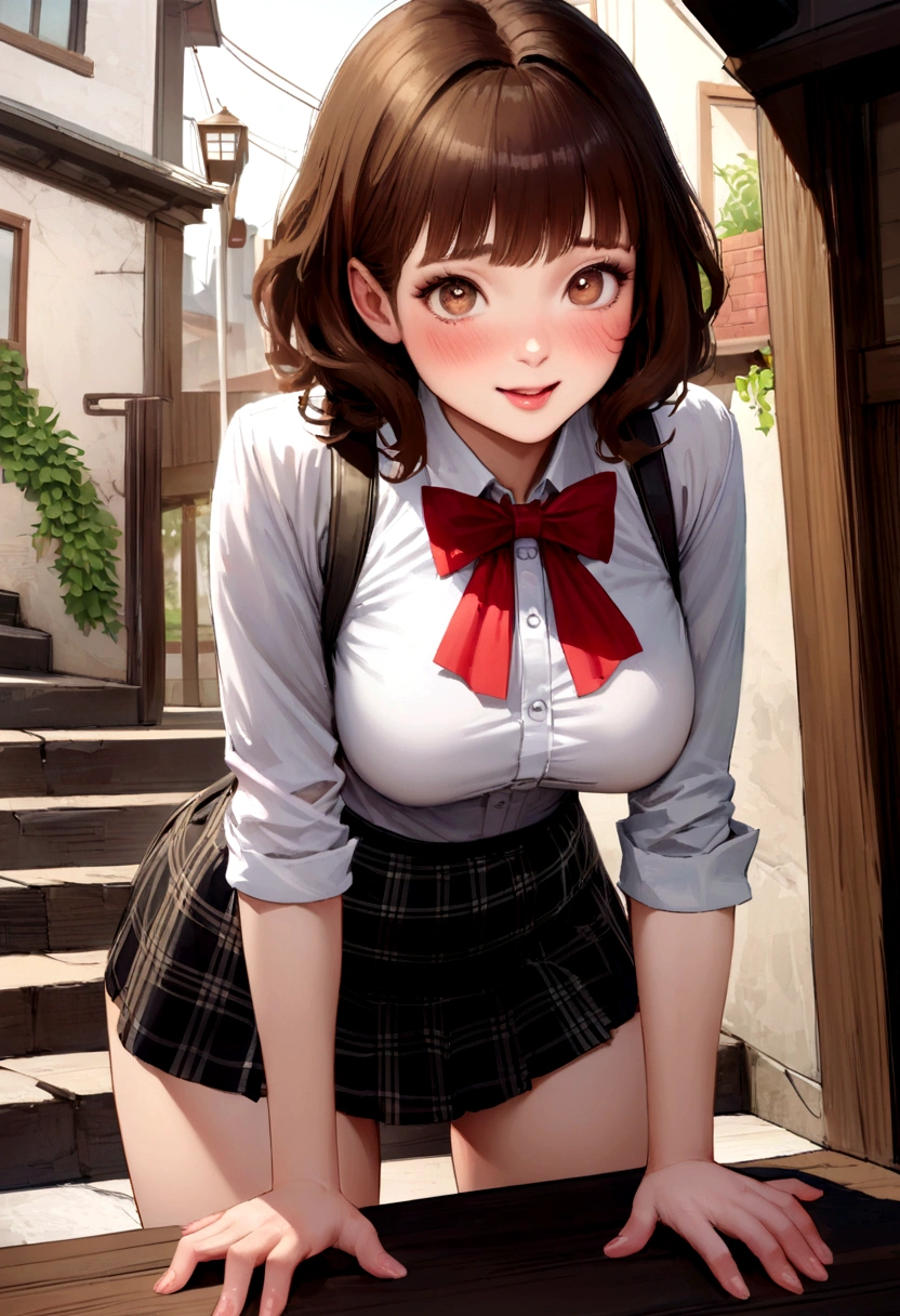((Table top, best quality, high resolution, nffsw, Perfect Pixel, 4K, nffsw, nffsw))), 1girl in, Einzel, alone, beauty、Full body view、 ((medium wave hair, bangs, Brown hair)), ((Brown Eyed, Beautiful eyelashes, realistic eyes)), ((detailed face, Blush:1.2)), ((Smooth texture:0.75, realistic texture:0.65, photorealestic:1.1, Anime-CG-Stil)), medium breasts, dynamic angle, perfect body, ((red bow tie, , , White shirt, black skirt, checked skirts)), City stairs、View from the bottom of the stairs、Very embarrassing panic smile、Open your mouth and make a surprised face、 turned around、Bend forward、(The wind blew my skirt around and exposed my butt..........................、stick your butt out、Touching the buttocks with both hands、pink lace panties)、
