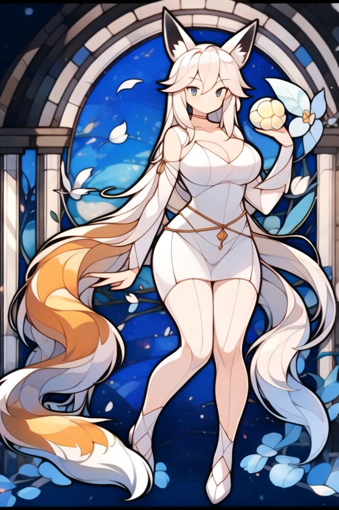 1girl ,solo,white hair,long hair,fox ears,white fox tails,\(boli\),goddess,full body,