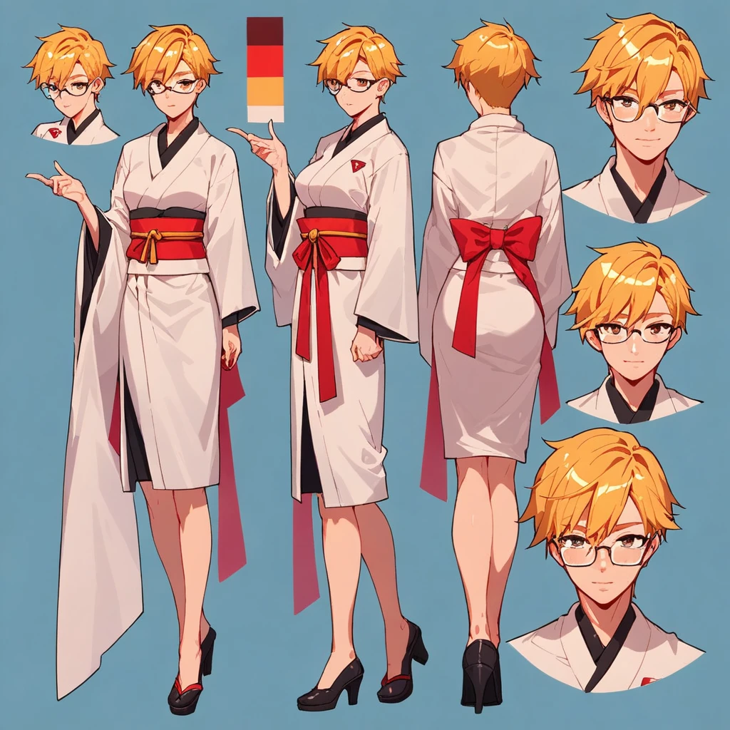 score_9, score_8_up, score_7_up, score_6_up, score_5_up, score_4_up, BREAK source_anime, 1girl, blonde short hair, thin rimmed glasses, wearing a long black and white kimono, long shinigami zanpakuto on her back, Creative design, full body, Reference sheet, Character sheet
