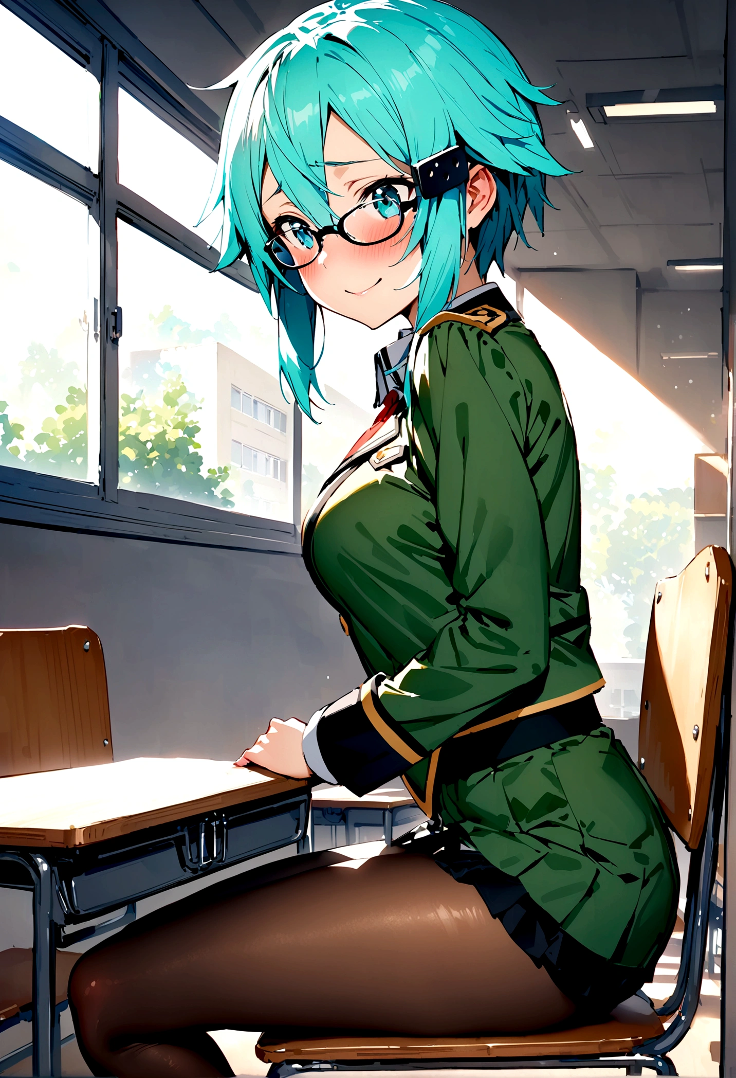 NSFW,masterpiece,Highest quality,High resolution,Super detailed,Sinon\(Sword Art Online\),Glasses,uniform,mini skirt,pantyhose,Embarrassed,expectant face,smile,blush,School,classroom,During class,Sit on a chair,From the side