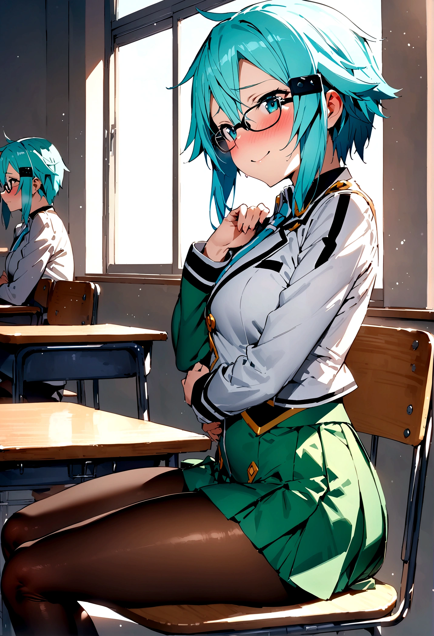 NSFW,masterpiece,Highest quality,High resolution,Super detailed,Sinon\(Sword Art Online\),Glasses,uniform,mini skirt,pantyhose,Embarrassed,expectant face,smile,blush,School,classroom,During class,Sit on a chair,From the side