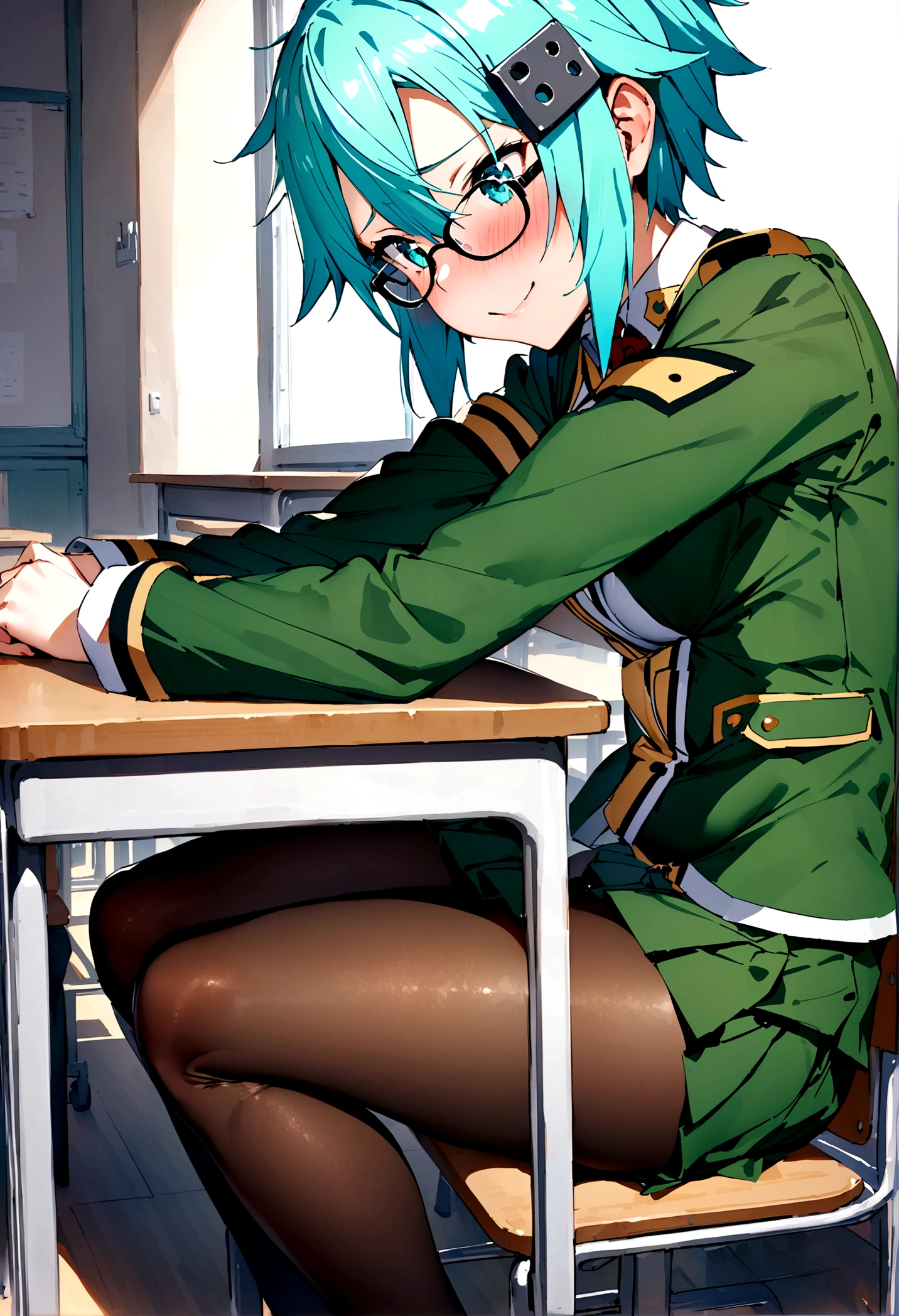 NSFW,masterpiece,Highest quality,High resolution,Super detailed,Sinon\(Sword Art Online\),Glasses,uniform,mini skirt,pantyhose,Embarrassed,expectant face,smile,blush,School,classroom,During class,Sit on a chair,From the side