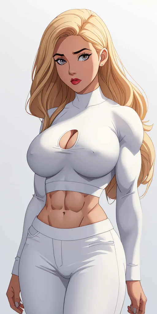 Masterpiece, highly detailed, high res, dynamic, A image of a woman in a white top and white pants, ((((Massive breasts)))), (muscular), ((((huge muscles)))) fanart da coelhinha lola, commission for high resolution, CO Commission, Gwen Stacy, corpo perfeitamente sombreado, Emma Geada, Retrato de Emma Frost, Deusa loira, desenhado no estilo de artgerm, em roupas brancas, corpo perfeito sombreado realista, Betty Cooper, It&#39;s not artgerm style, ((((Massive breasts)))), (muscular), ((((huge muscles))))