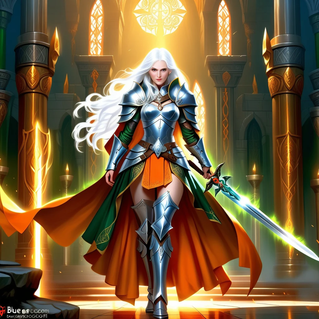 fantasy art, dnd art, RPG art, wide shot, (masterpiece: 1.4) a (portrait: 1.3) intense details, highly detailed, photorealistic, best quality, highres, portrait a vedalken female (fantasy art, Masterpiece, best quality: 1.3) ((blue skin: 1.5)), intense details facial details, exquisite beauty, (fantasy art, Masterpiece, best quality) cleric, (blue colored skin: 1.5) 1person blue_skin, blue skinned female, (white hair: 1.3), long hair, intense (green: 1.3) eye, fantasy art, Masterpiece, best quality) armed a fiery sword red fire, wearing heavy (white: 1.3) half plate mail armor, wearing high heeled laced boots, wearing an(orange :1.3) cloak, wearing glowing holy symbol GlowingRunes_yellow, within fantasy temple background, reflection light, high details, best quality, 16k, [ultra detailed], masterpiece, best quality, (extremely detailed), close up, ultra wide shot, photorealistic, RAW, fantasy art, dnd art, fantasy art, realistic art,((best quality)), ((masterpiece)), (detailed), perfect face, ((no ears: 1.6))