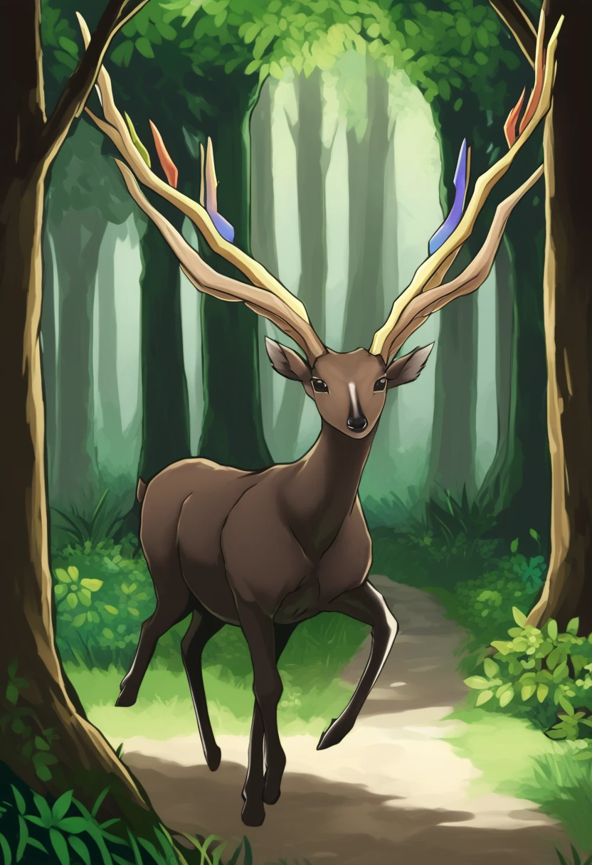 score_9, score_8_up, score_7_up, solo, Xerneas, (close-up), forest, nature, deer, stunning scenery, full body, looking at the viewer