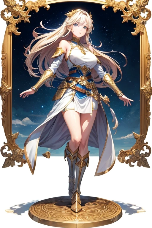 A full-body portrait of a young woman in anime style, with long, light blonde hair, framed by a white mantle adorned with golden details. She has intense blue eyes and wears a form-fitting blue armor with intricate engravings of leaves and flowers, and golden metal pieces covering her shoulders and arms. A dark brown leather belt with metallic buckles secures her armor at the waist. She wears brown leather boots, standing in a dynamic action pose. A cross-shaped pendant adorns her chest. The background features a blue sky with fluffy clouds, highlighting her majestic and noble appearance, visible from head to toe.