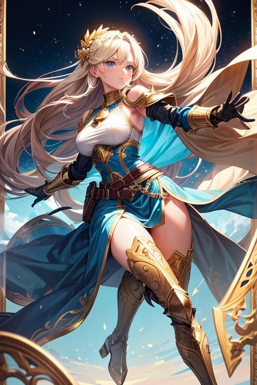 A full-body portrait of a young woman in anime style, with long, light blonde hair, framed by a white mantle adorned with golden details. She has intense blue eyes and wears a form-fitting blue armor with intricate engravings of leaves and flowers, and golden metal pieces covering her shoulders and arms. A dark brown leather belt with metallic buckles secures her armor at the waist. She wears brown leather boots, standing in a dynamic action pose. A cross-shaped pendant adorns her chest. The background features a blue sky with fluffy clouds, highlighting her majestic and noble appearance, visible from head to toe.