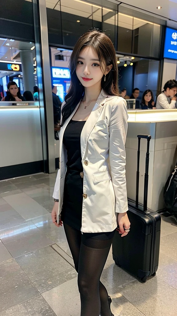 (Highest quality, masterpiece:1.3, Ultra-high resolution), (Very detailed), (Realistic:1.4, RAW shooting), , Use natural light, ((Ivory Blazer:1.4)), ((the body is slim)), girl, Japanese, cute, Straight Long Hair, Big Breasts, Turn your body forward, (View from the front:1.1), Looking into the camera, focused on the chest, Light brown hair, ((Black Choker)), Very long and bushy eyelashes, blue eyes, bangountainous Regions, Mining sites, Person in charge of inspecting the site, blue sky, Rocky Area, mini skirt、Knee-high boots、Dependents、servant