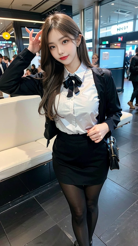 （Flight attendant 1.5），（true to life，Photorealistic 1.5）,((best qualtiy, 8K, tmasterpiece:1.3)),SLR camera (double eyelid，largeeyes:1.3),（a little smile 1.3），（Full body photo 1.5）（One Korean lady 1.5）Clear focus 1.2, Perfect body beauty:1.4 , Delicate skin1.1，（Silvery-white hair 1.6），（Wave curls 1.4），（Pure desire 1.3）(Black pantyhose 1.5)（The leg length is one meter two，1.5），flightattendantuniform，Flight suit，Slender legs，high-heels，With earrings，Wristband jade bracelet, airline lobby