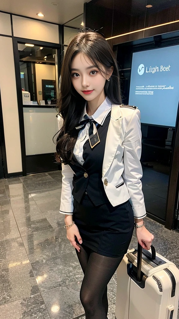 (Flight attendant 1.5),(true to life,Photorealistic 1.5),((best qualtiy, 8K, tmasterpiece:1.3)),SLR camera (double eyelid,largeeyes:1.3),(a little smile 1.3),(Full body photo 1.5)(One Korean lady 1.5)Clear focus 1.2, Perfect body beauty:1.4 , Delicate skin1.1,(Silvery-white hair 1.6),(Wave curls 1.4),(Pure desire 1.3)(Black pantyhose 1.5)(The leg length is one meter two,1.5),flightattendantuniform,Flight suit,Slender legs,high-heels,With earrings,Wristband jade bracelet, airline lobby