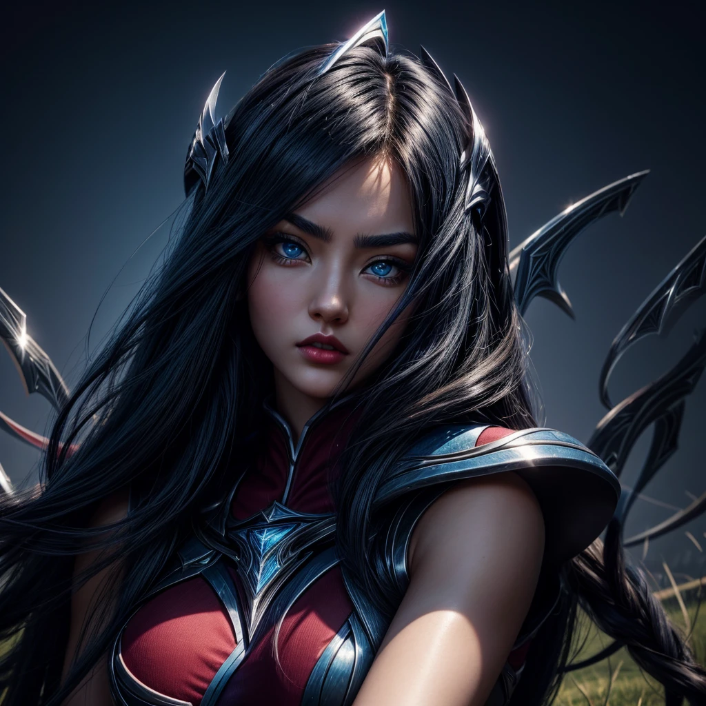 irelia from league of legends, a beautiful 24 years old woman, asian girl, dark blue long hair, blue eyes, fit body, she controls blades in the air, serious face, detailed photograph, 8k, uhd, high quality photo, bright day, grassland background, sexy girl, perfect body, perfect face, very big eyes, detailed face, detailed hands, detailed eyes, high detailed photograph, 16k, perfect woman face, big eyes, big blue eyes, big red lips, fit body, perfect body