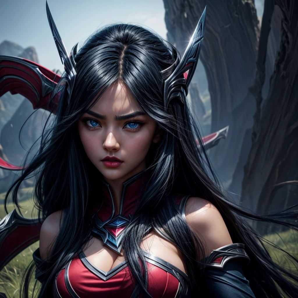 irelia from league of legends, a beautiful 24 years old woman, asian girl, dark blue long hair, blue eyes, fit body, she controls blades in the air, serious face, detailed photograph, 8k, uhd, high quality photo, bright day, grassland background, sexy girl, perfect body, perfect face, very big eyes, detailed face, detailed hands, detailed eyes, high detailed photograph, 16k, perfect woman face, big eyes, big blue eyes, big red lips, fit body, perfect body