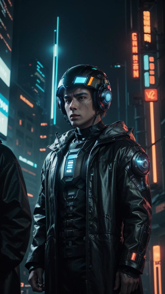 (best qualityer:1.3), (best performance:1.2), (Best illustration:1.2), (comic style:1.2), (artistic cinematic lighting:1.2) (1 men) wearing futuristic electronic robes Cyberpunk technological, its body is covered in metallic parts, in a cinematic horror movie setting in a futuristic Cyberpunk city, (using a technological electronic helmet:1.2)