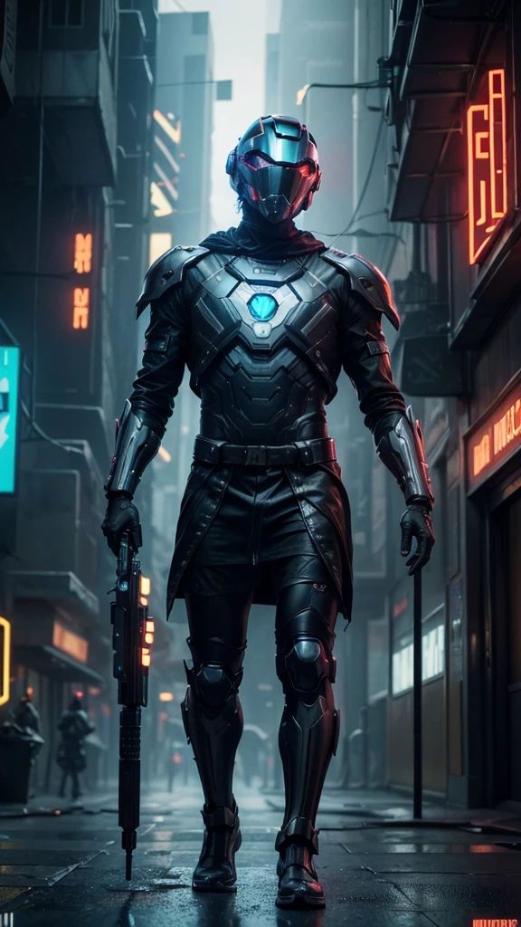 (best qualityer:1.3), (best performance:1.2), (Best illustration:1.2), (comic style:1.2), (artistic cinematic lighting:1.2) (1 men) wearing futuristic electronic robes Cyberpunk technological, its body is covered in metallic parts, in a cinematic horror movie setting in a futuristic Cyberpunk city, (using a technological electronic helmet:1.2)