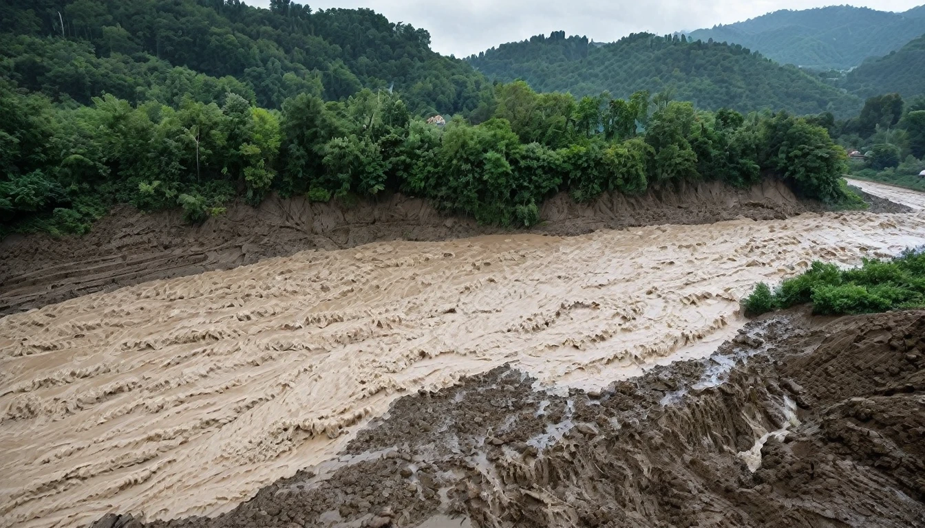 A waterfall of mud due to torrential rain forms a flood that destroys the region of Piedmont and Valle d'Aosta in Italy.