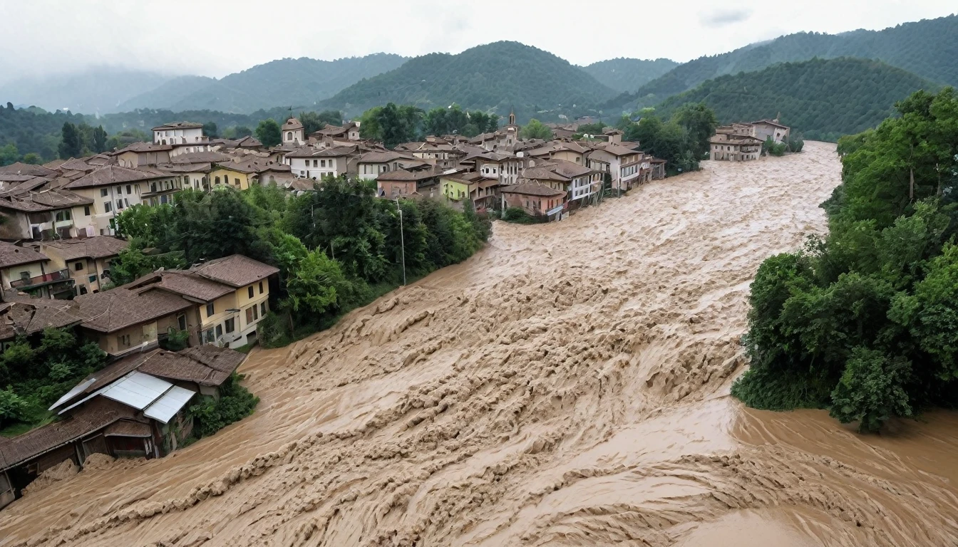 A waterfall of mud due to torrential rain forms a flood that destroys the region of Piedmont and Valle d'Aosta in Italy.