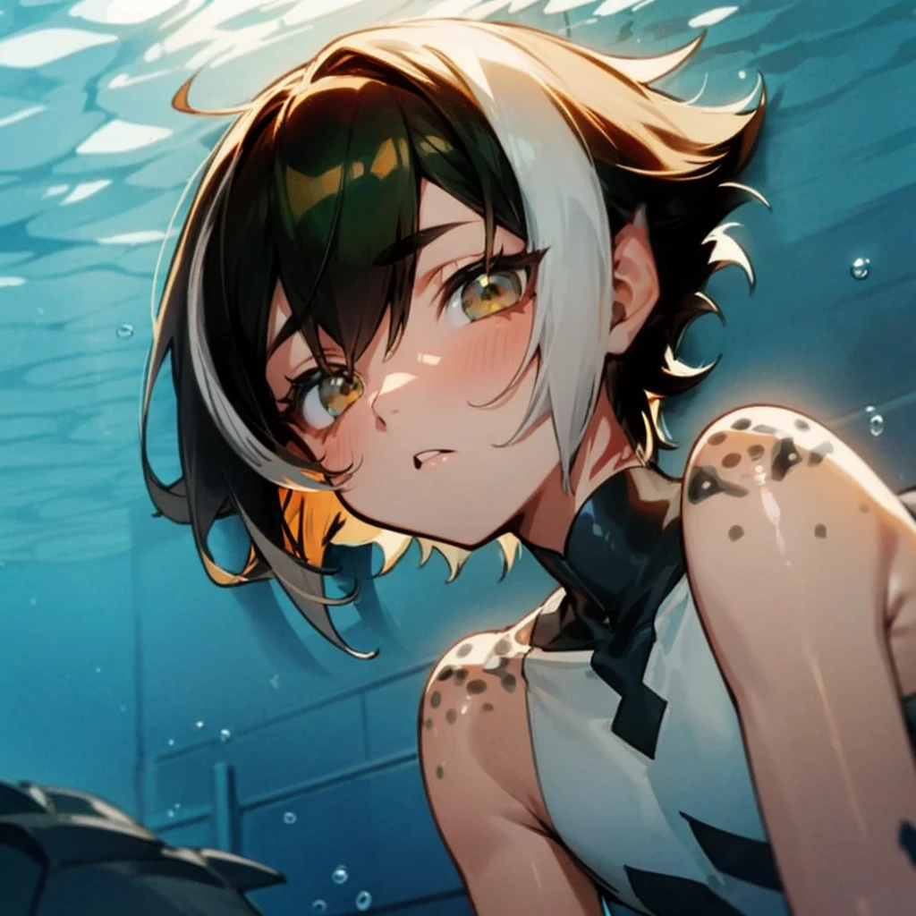 Perfect, anime, masterpiece, anime trap, trap, femboy, cute femboy, kawaii, front facing, medium hair, black hair, white hair highlight, underwater, light brown eyes, merman, shirtless, facing towards camera, looking forwards, looking at viewer, front facing, bust up, original character, facing camera, anime style, soft colours, close up, soft shading, watercolour, cute, kawaii, male, skinny, slim, androgynous, lovely boy, sharp eyes, long lashes, skinny, cutest boy, slim face, wearing coral necklace, fluffy hair, hair longer at front, dorsal fin on back, fantasy, fantasy character, accessories in hair, cute
