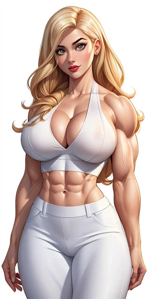 Masterpiece, highly detailed, high res, dynamic, A image of a woman in a white top and white pants, ((((Massive breasts)))), (muscular), ((((huge muscles)))) fanart da coelhinha lola, commission for high resolution, CO Commission, Gwen Stacy, corpo perfeitamente sombreado, Emma Geada, Retrato de Emma Frost, Deusa loira, desenhado no estilo de artgerm, em roupas brancas, corpo perfeito sombreado realista, Betty Cooper, It&#39;s not artgerm style, ((((Massive breasts)))), (muscular), ((((huge muscles))))