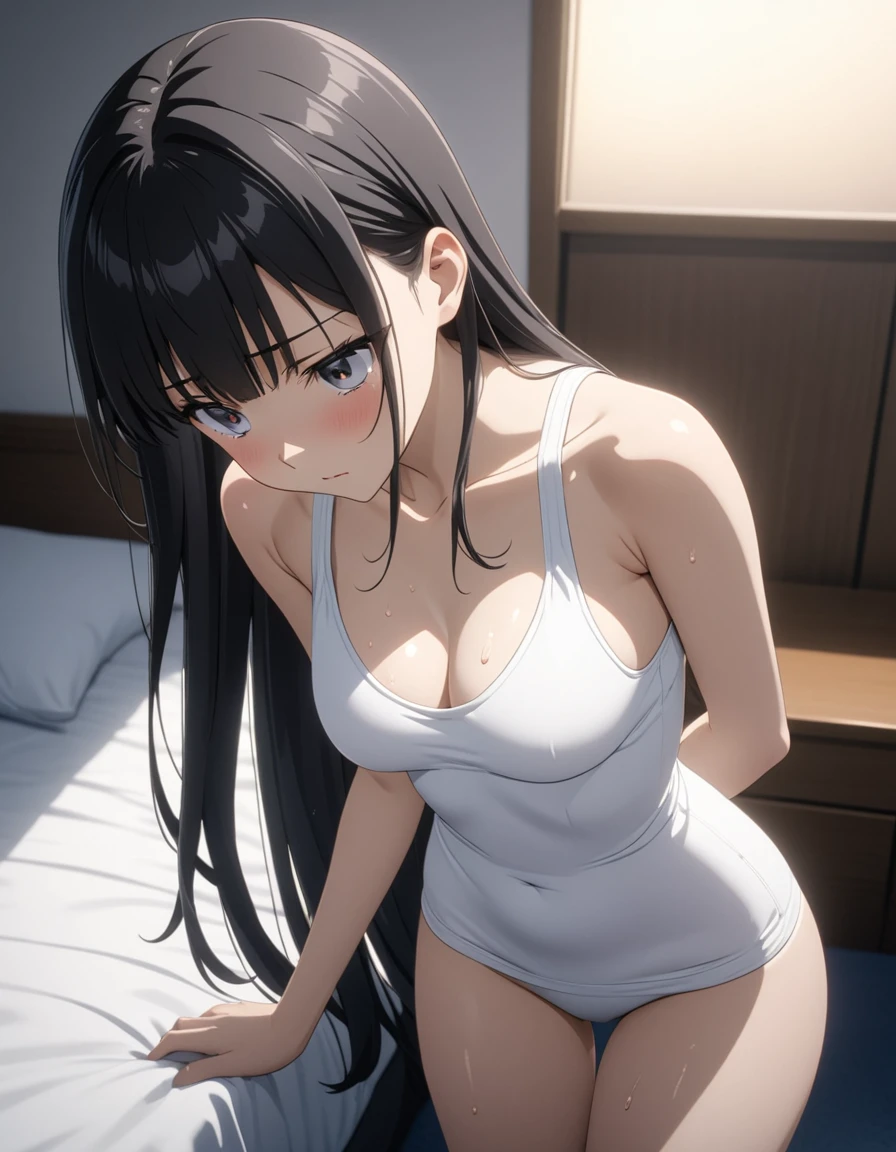 (2.5d anime,best quality, masterpiece, high resolution),cowboy shot,1woman,25 year old beauty,black hair,long hair,blunt bangs,black eyes,gorgeous eyes,shy,White tight tank top、Light grey sweat shortedium breasts,(skinny,slender body),gleaming skin,oily skin,Simple bedroom、Side lighting, oily skin, 8K Ultra HD, Soft Light, high quality, high resolution, 8K,