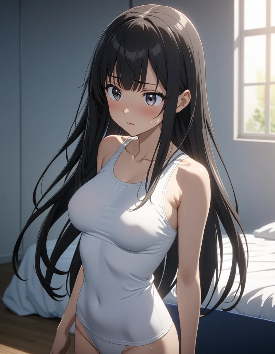(2.5d anime,best quality, masterpiece, high resolution),cowboy shot,1woman,25 year old beauty,black hair,long hair,blunt bangs,black eyes,gorgeous eyes,shy,White tight tank top、Light grey sweat shortedium breasts,(skinny,slender body),gleaming skin,oily skin,Simple bedroom、Side lighting, oily skin, 8K Ultra HD, Soft Light, high quality, high resolution, 8K,