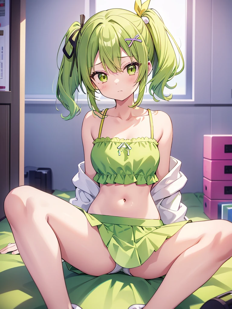 、、1 girl, sitting, look at me, Bedroom, poor,(yellow green hair、side ponytail、Green ribbon hair ornament)、(in columbia)、(Tube top、mini skirt、Clothing that shows the navel、hoodie), Detailed and perfect limbs, happy-、(knees up)、、(Panty shot)