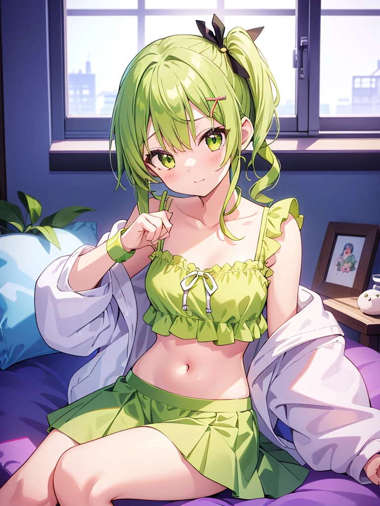 (((1girl))), (petite:1.3), solo, hard features, (more_details:1.5), barefoot, perfect fingers, extremely detailed finger, green hair, bob cut, braided bangs, one side up, earrings, Beautiful detailed rubin eyes, (slim body), ((large_cup d_breasts)), ((petite)), (luminous), (pajamas), ultra-detailed, (background: room, yellow)