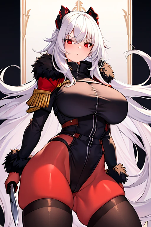 1girl, white hair, long hair, red eyes, serious, glowing eyes, large breasts, thick thighs, mature female, toned, leotard, black leotard, thighhighs, belt, knife, fur trim, fur, jacket, pantyhose