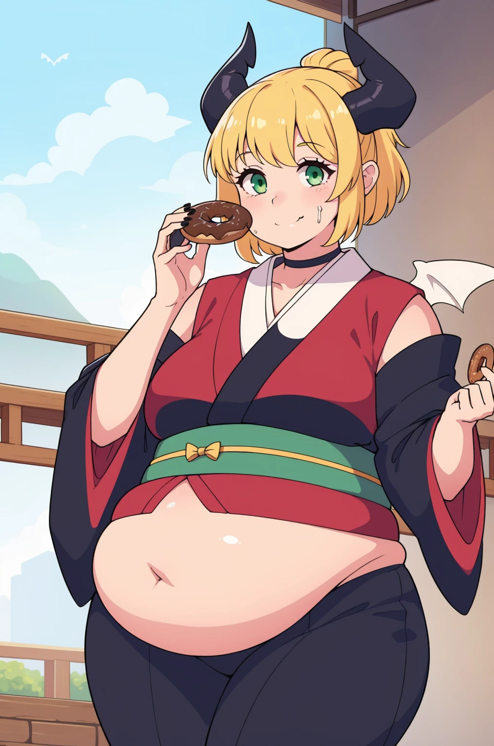 amon sloth, 1girl, short_hair, solo, green_eyes, bow, hair_bow, brown_hair, blonde_hair, smile, green_bow,        detached_sleeves, japanese_clothes, wings, choker, wide_sleeves, kimono, sash, bat_wings, yellow_bow, demon_wings, eating, holding_food, black_nails, doughnut belly, belly stuffing, belly inflation,  overeating, (eating:1.2)