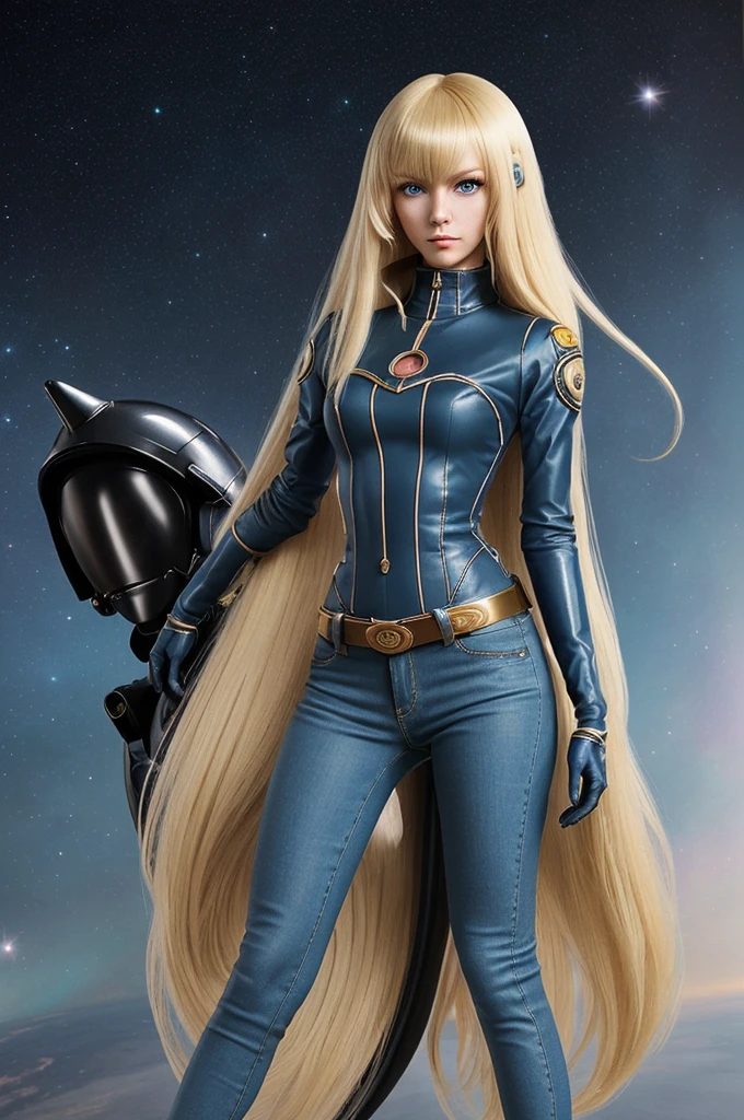 Anime style female character inspired by vintage space opera aesthetics, with elongated facial features, 165 cm tall, having blond, waist-length, wavy hair with V bangs, and blue eyes. She is wearing tight skinny jeans with high boots over them, adding an equestrian touch to her ensemble. The character's design reflects a blend of space opera elements and a realistic body proportion, highlighting her strong yet feminine presence.