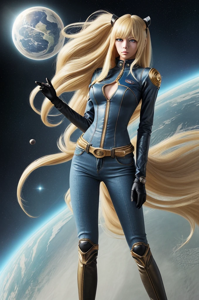 Anime style female character inspired by vintage space opera aesthetics, with elongated facial features, 165 cm tall, having blond, waist-length, wavy hair with V bangs, and blue eyes. She is wearing tight skinny jeans with high boots over them, adding an equestrian touch to her ensemble. The character's design reflects a blend of space opera elements and a realistic body proportion, highlighting her strong yet feminine presence.