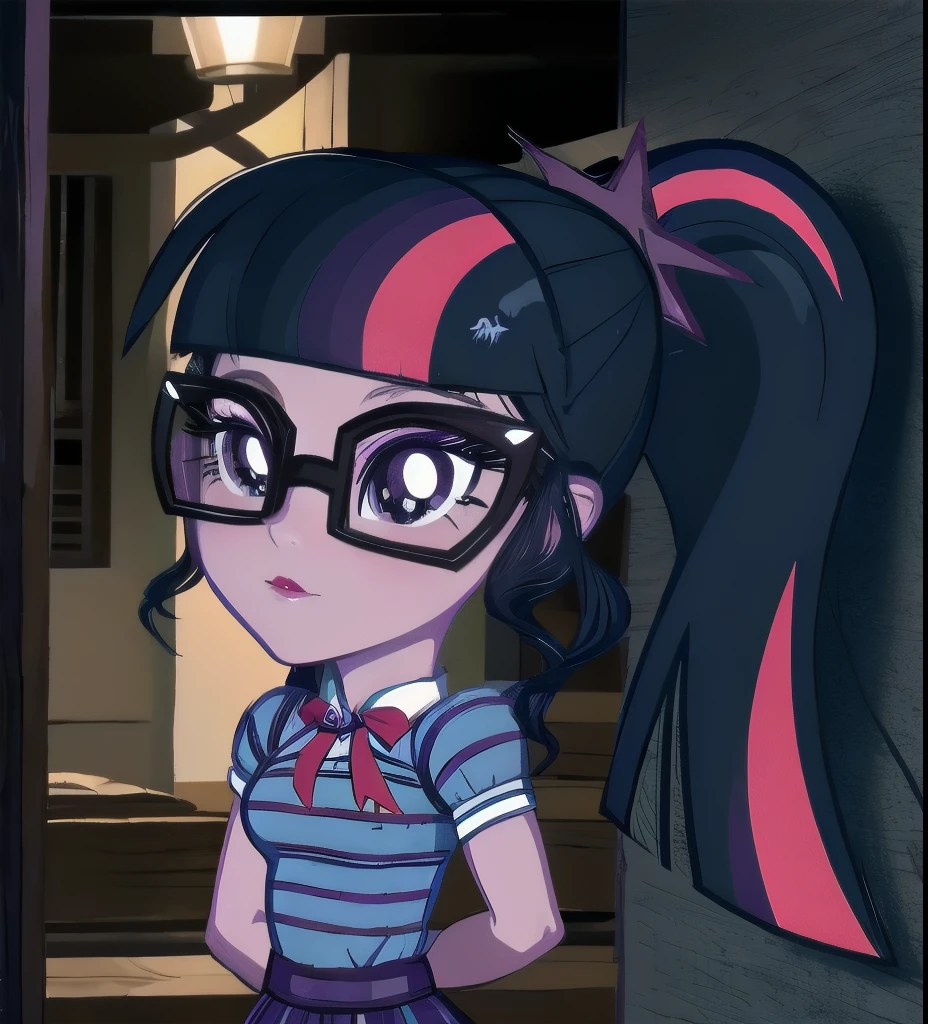 1girl, MLPTWILIGHT,PONYTAIL,GLASSES,STRIPED SHIRT,SKIRT, purple eyes, forest, small breasts, worried, (scared:1), night, (night sky:0.6),
