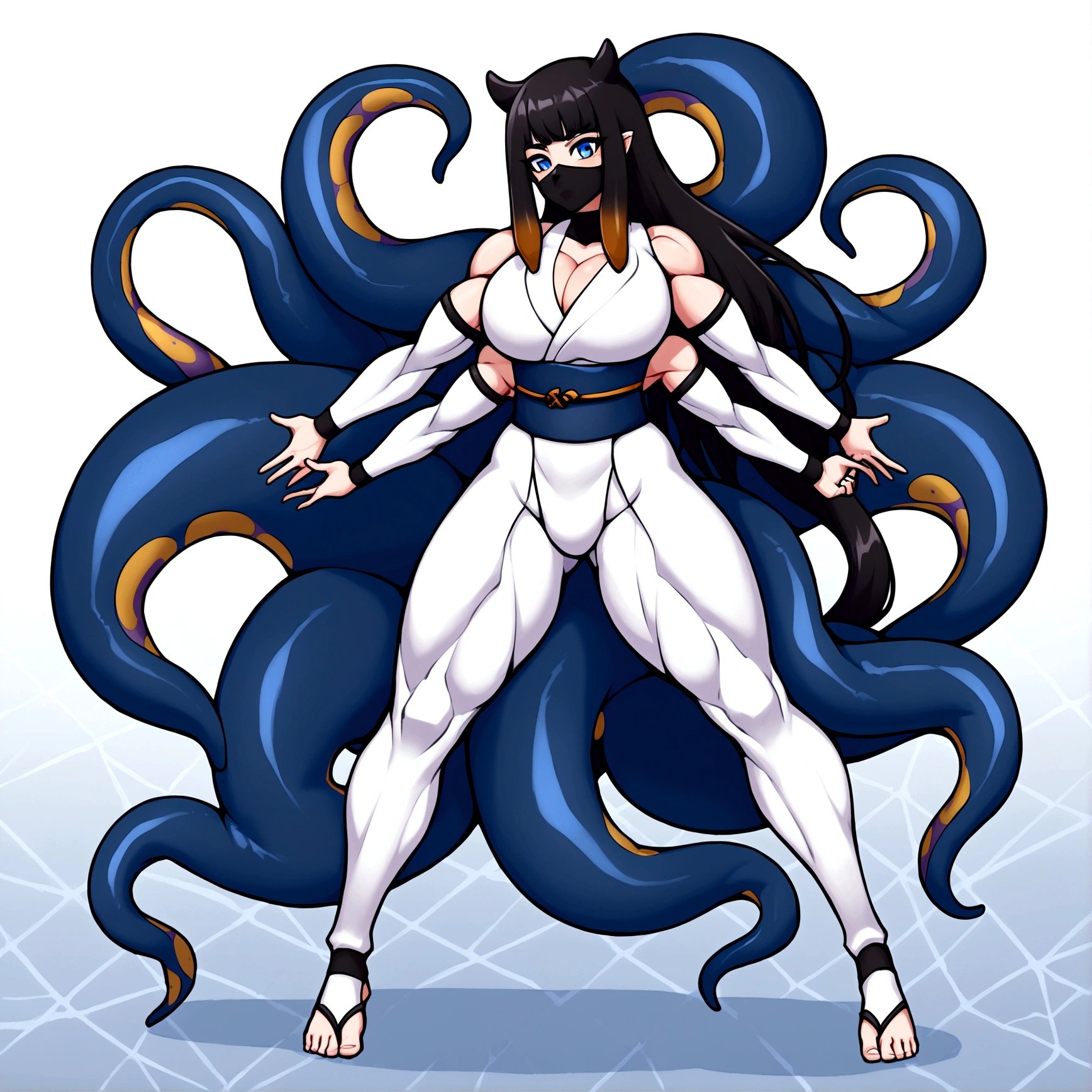 Ninja femboy, ninomae hair, ninomae tentacles, blue eyes, gigantic muscular body, white ninja outfit, big breasts, white ninja mask, 4 arms, full body.