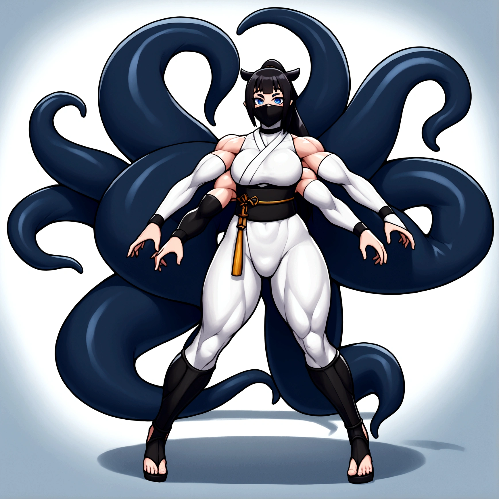 Ninja femboy, ninomae hair, ninomae tentacles, blue eyes, gigantic muscular body, white ninja outfit, big breasts, white ninja mask, 4 arms, full body.